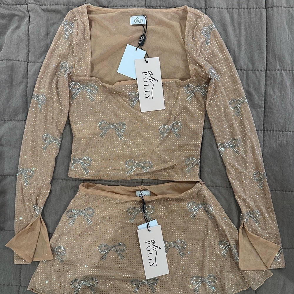 Oh Polly Nude Sheer Rhinestone Bow Mesh Two-Piece Set